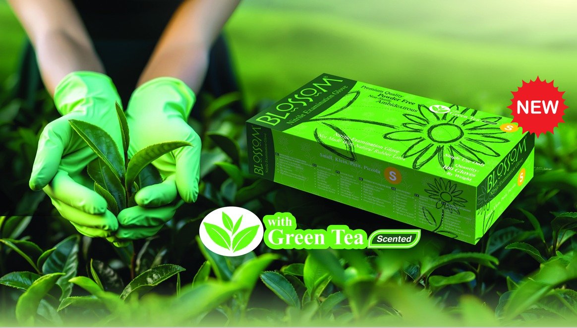 Blossom Green Tea scented nitrile exam gloves poster
