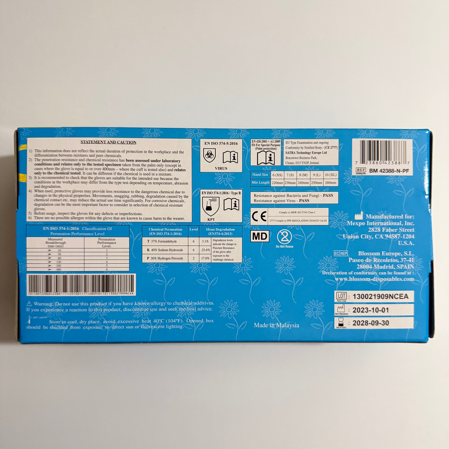 Blossom Soft Blue powder free nitrile examination gloves box packaging back distributed by Pacific Blossom HK Limited for dental clinics
