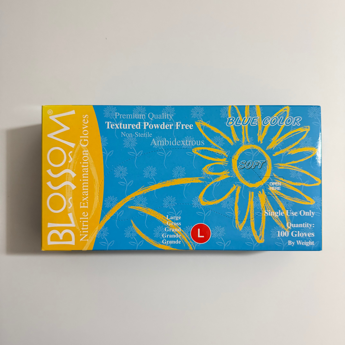 Blossom Soft Blue powder free nitrile examination gloves box packaging distributed by Pacific Blossom HK Limited for dental clinics