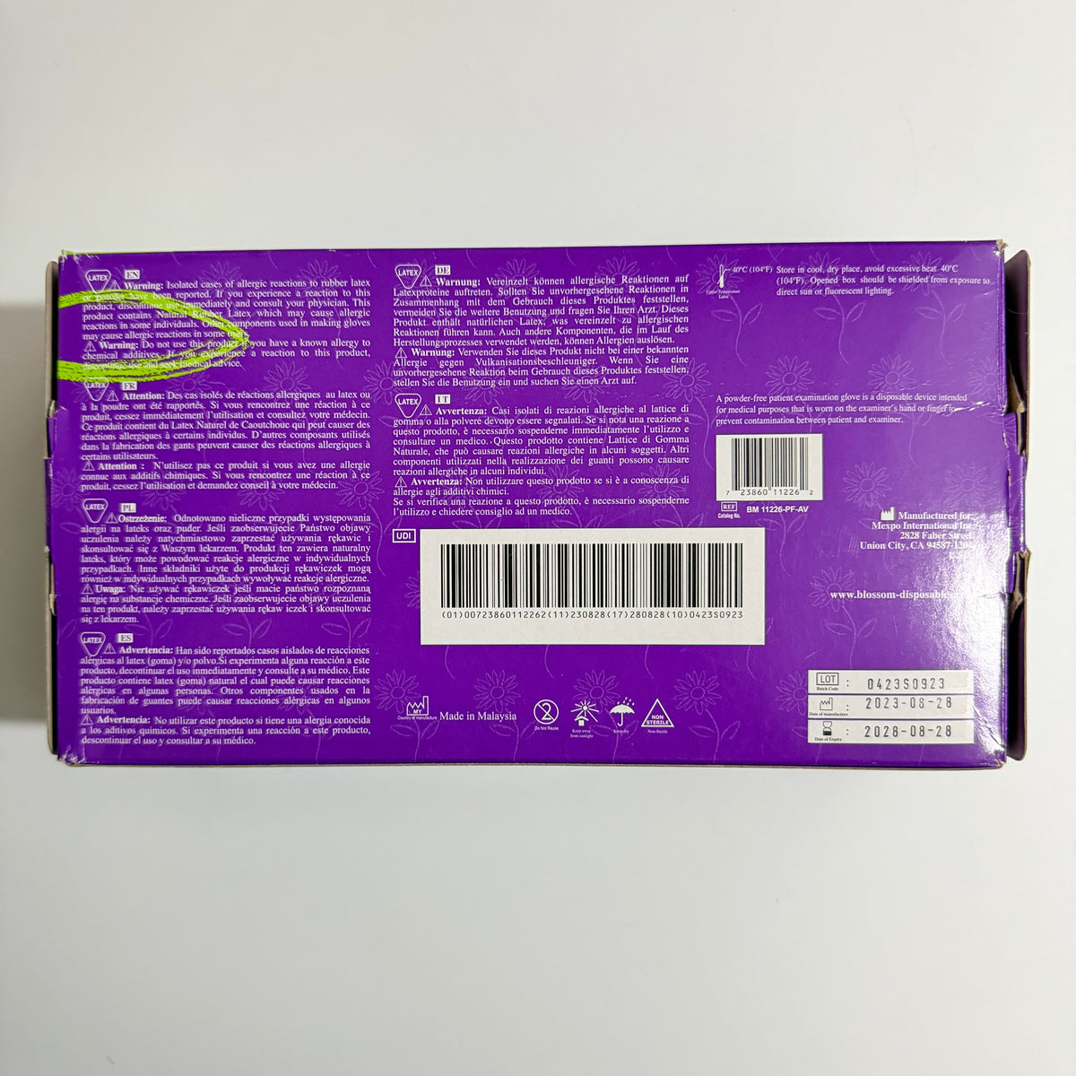 Blossom Latex Aloe Vera Powder-Free Examination Gloves packaging for dental and medical suppliers