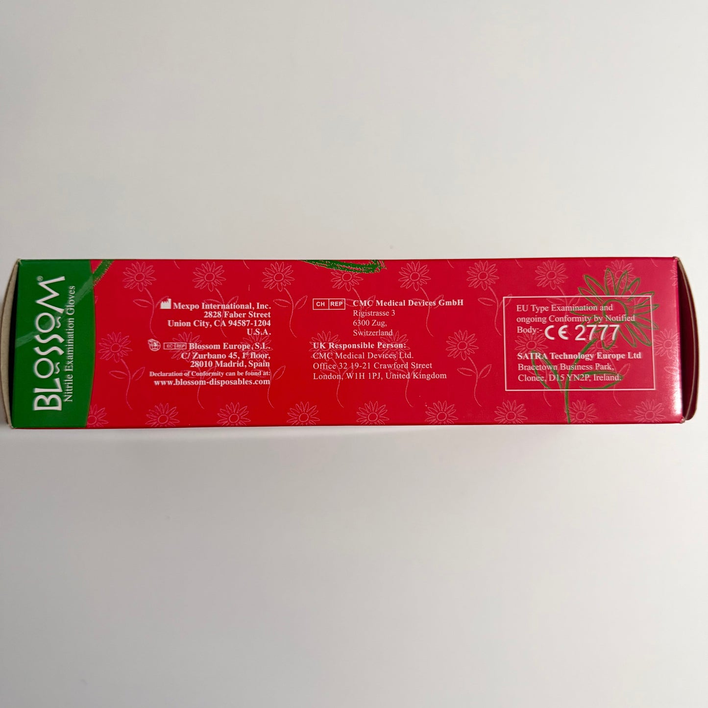 Blossom Green Aloe Vera Powder-Free Nitrile Examination Gloves packaging for dental and medical suppliers
