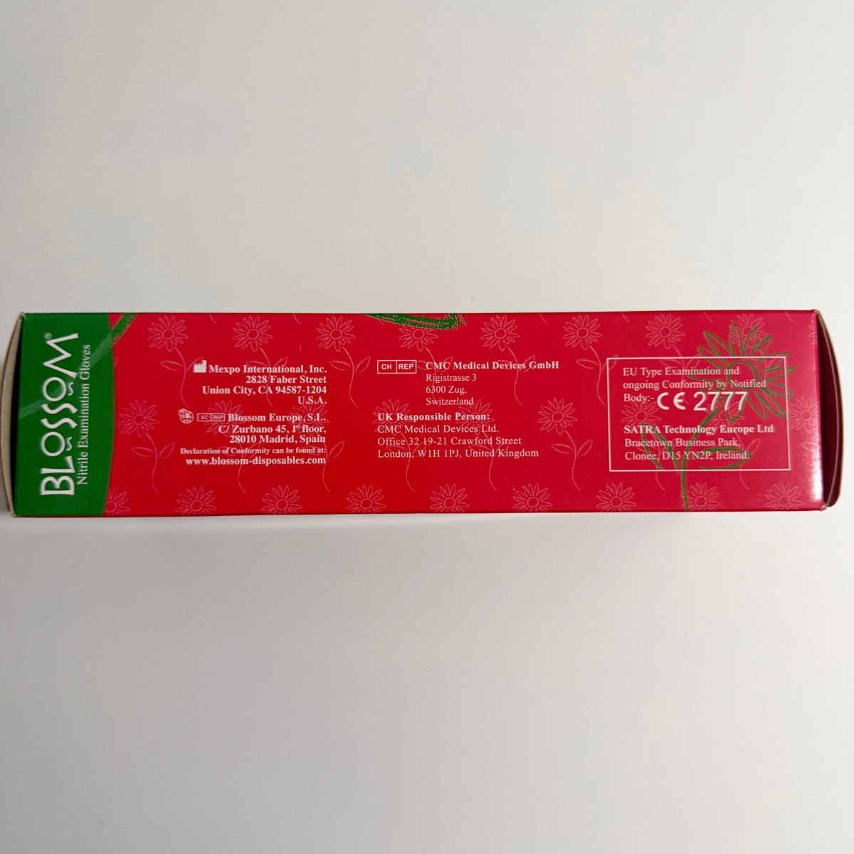 Blossom Green Aloe Vera Powder-Free Nitrile Examination Gloves packaging for dental and medical suppliers