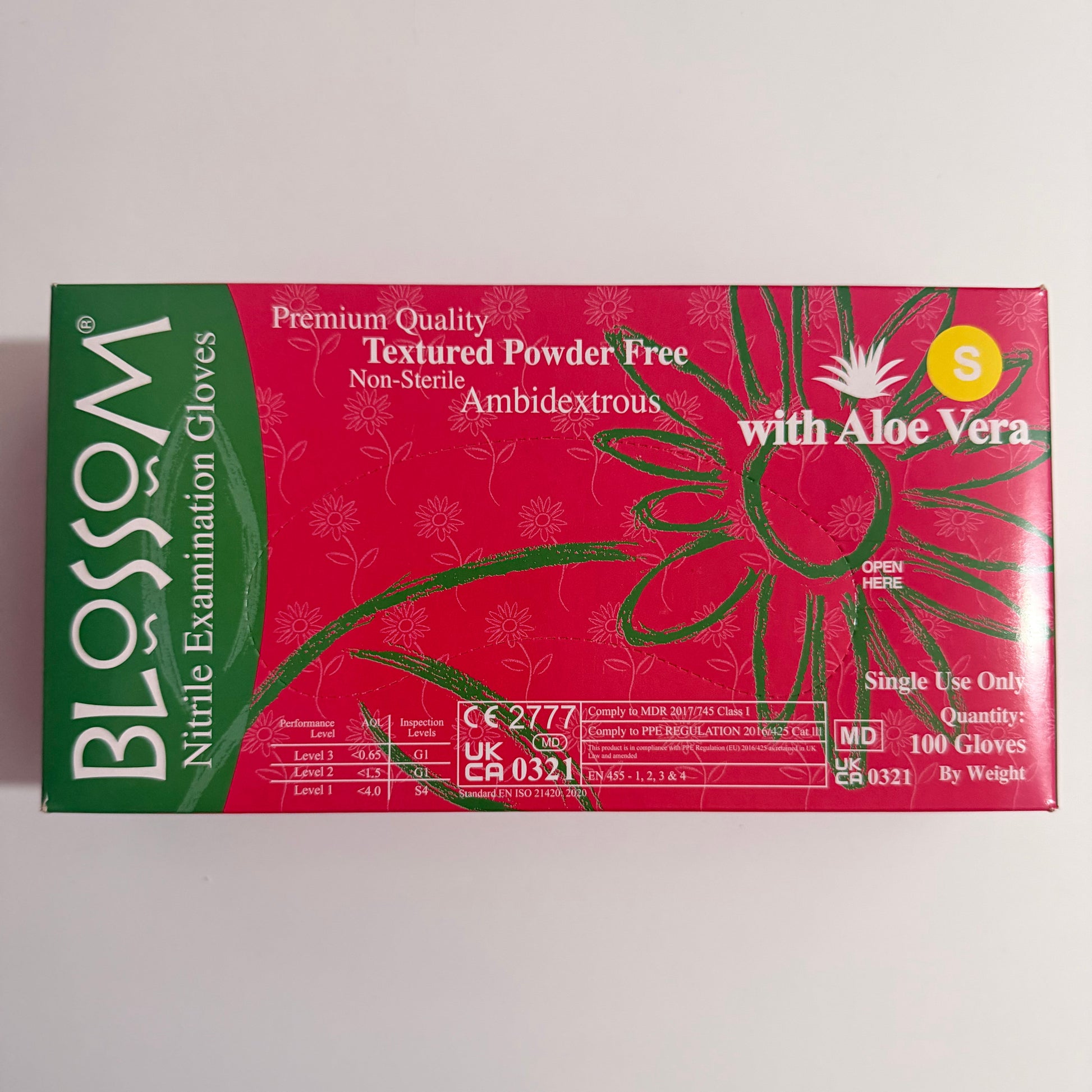Blossom Green Aloe Vera Powder-Free Nitrile Examination Gloves packaging for dental and medical suppliers