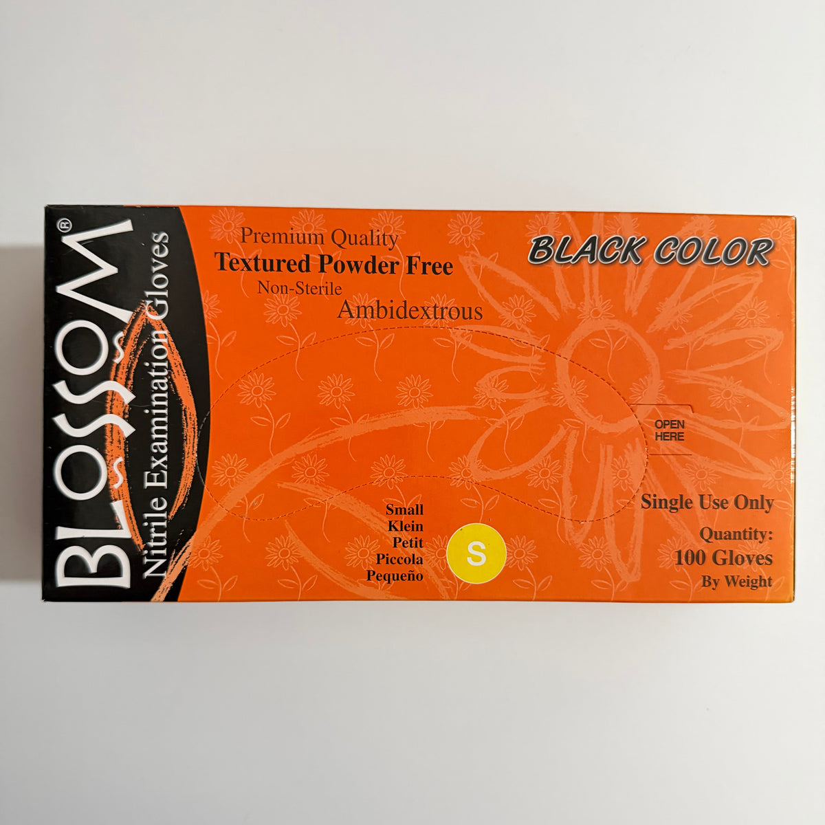 Blossom Black Nitrile Powder-Free Textured Examination Gloves packaging for dental and medical suppliers
