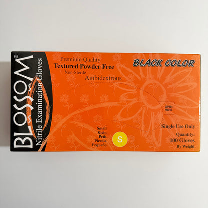 Blossom Black Nitrile Powder-Free Textured Examination Gloves packaging for dental and medical suppliers