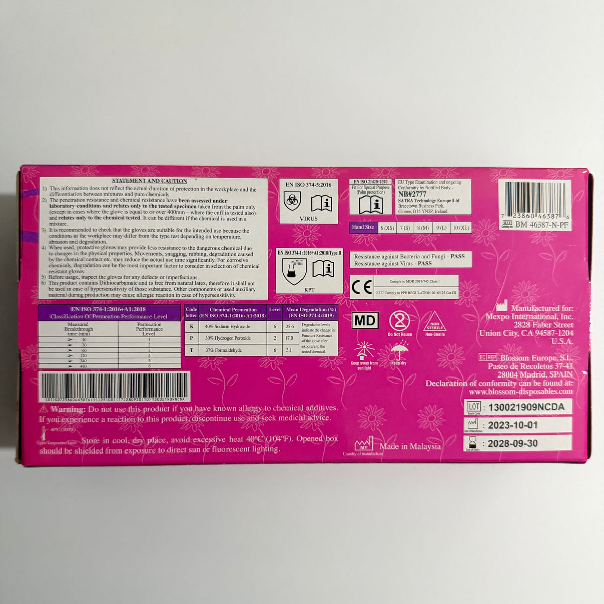 Blossom nitrile gloves for dental professionals and clinics instruction packaging, certified